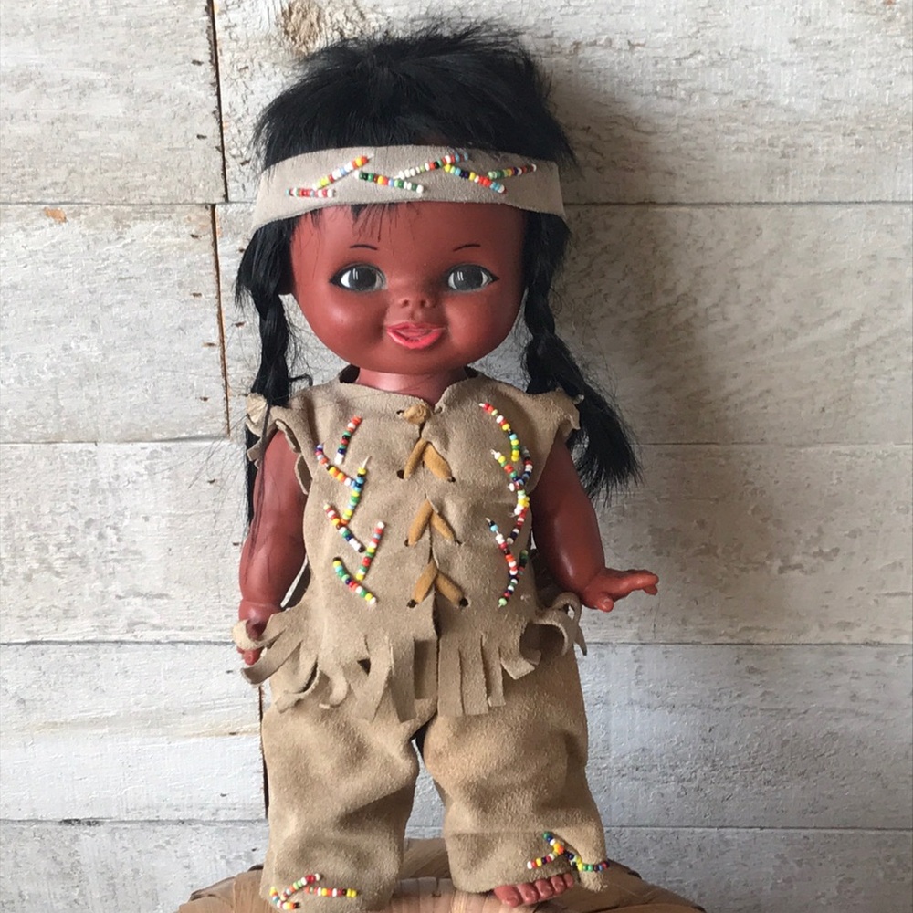 1960s Native Arts and crafts indigenous doll hand beaded headband and clothing